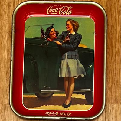 Vintage 1942 COCA COLA Metal Serving Tray, Girls & Green Convertible Roadster