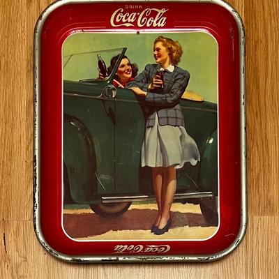 Vintage 1942 COCA COLA Metal Serving Tray, Girls & Green Convertible Roadster