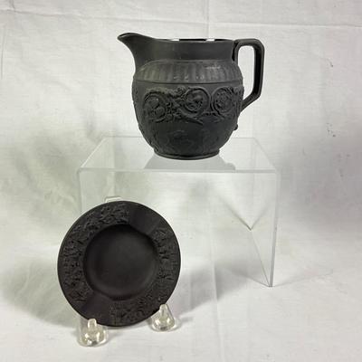 1014 Wedgwood Black Jasperware Small Pitcher and Ashtray