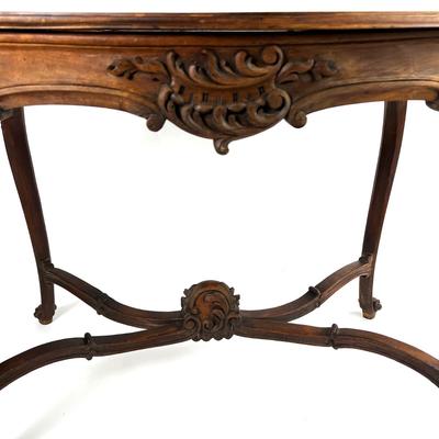 1107 Antique French Louis XV Style Carved Walnut Table with Leather Top