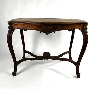 1107 Antique French Louis XV Style Carved Walnut Table with Leather Top