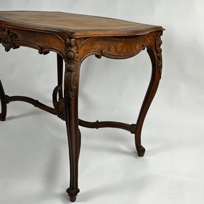 1107 Antique French Louis XV Style Carved Walnut Table with Leather Top