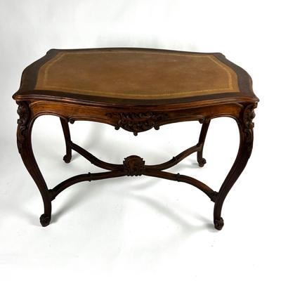 1107 Antique French Louis XV Style Carved Walnut Table with Leather Top