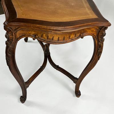 1107 Antique French Louis XV Style Carved Walnut Table with Leather Top