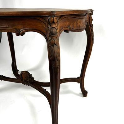 1107 Antique French Louis XV Style Carved Walnut Table with Leather Top