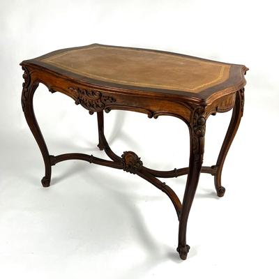 1107 Antique French Louis XV Style Carved Walnut Table with Leather Top