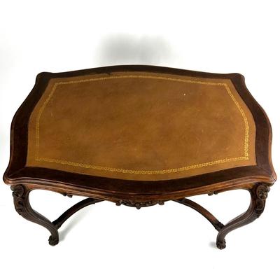 1107 Antique French Louis XV Style Carved Walnut Table with Leather Top