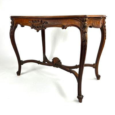 1107 Antique French Louis XV Style Carved Walnut Table with Leather Top