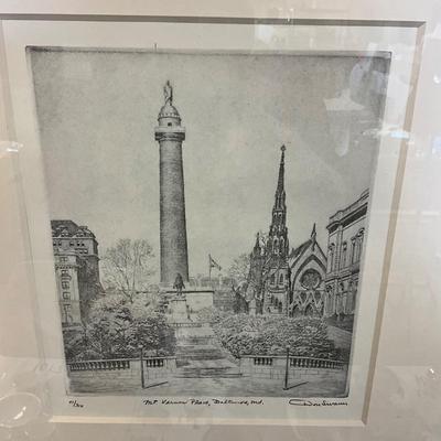 1071 Vintage Signed Engraving of Mt. Vernon Place Baltimore, MD. By Don Swann