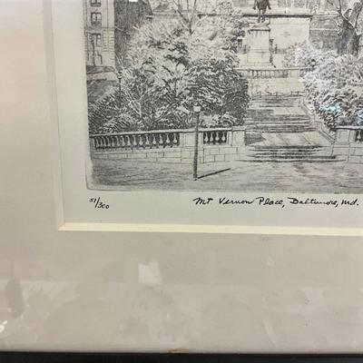 1071 Vintage Signed Engraving of Mt. Vernon Place Baltimore, MD. By Don Swann