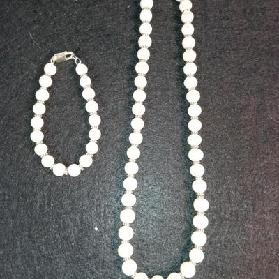 HONARA GENUINE PEARL NECKLACE AND BRACELET W/STERLING ACCENTS