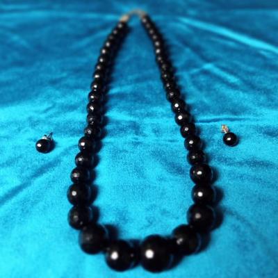 FACETED BLACK GLASS BEADED NECKLACE AND EARRINGS W/STERLING CLASP/POSTS