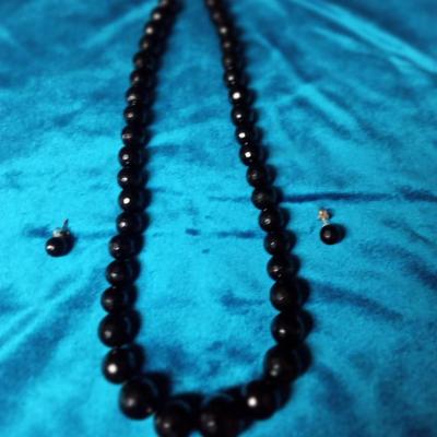 FACETED BLACK GLASS BEADED NECKLACE AND EARRINGS W/STERLING CLASP/POSTS