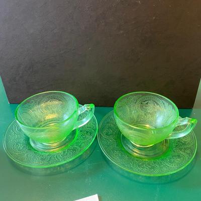 2 Sets of Green Uranium Cup and Saucers