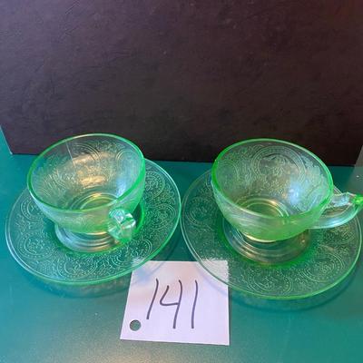 2 Sets of Green Uranium Cup and Saucers