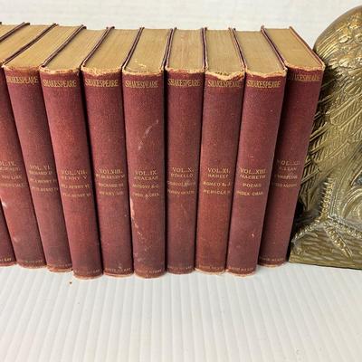 1085 Pair of Brass Heron Bird Bookends with Vintage Shakespeare Books