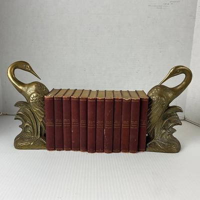 1085 Pair of Brass Heron Bird Bookends with Vintage Shakespeare Books