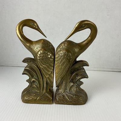 1085 Pair of Brass Heron Bird Bookends with Vintage Shakespeare Books