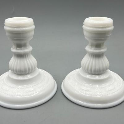 Vintage Kemple Milk Glass Mid Century Beaded Lace and Dewdrop Candle Stick Holders
