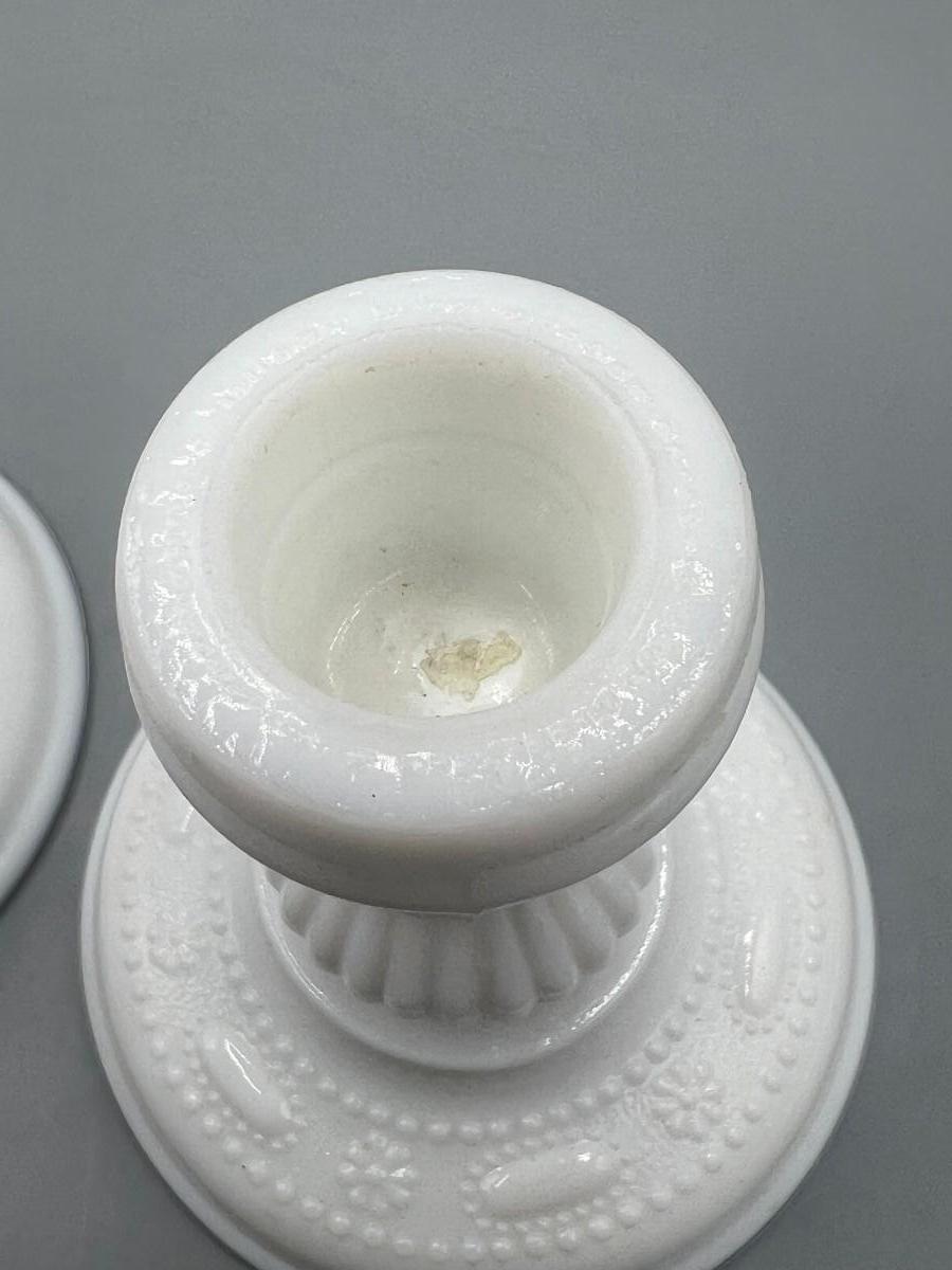 Vintage Kemple Milk Glass Mid Century Beaded Lace and Dewdrop Candle Stick Holders