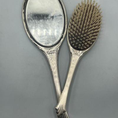 Vintage SLB Sterling Silver Art Deco Mid Century Makeup Hand Mirror & Brush