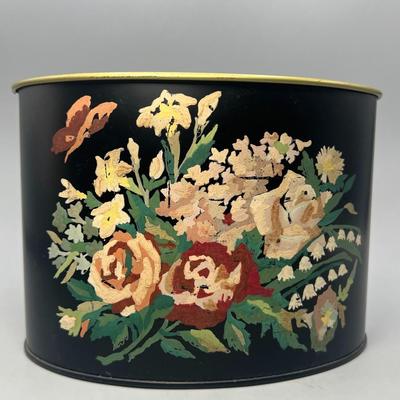 Vintage Toleware Metal Desk Top Impressionist Flower Design Waste Bin