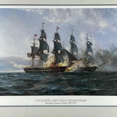 1128 Vintage Nautical Print of U.S.S. Constellation versus La Vengeance by Montague Dawson