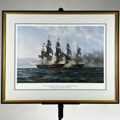 1128 Vintage Nautical Print of U.S.S. Constellation versus La Vengeance by Montague Dawson