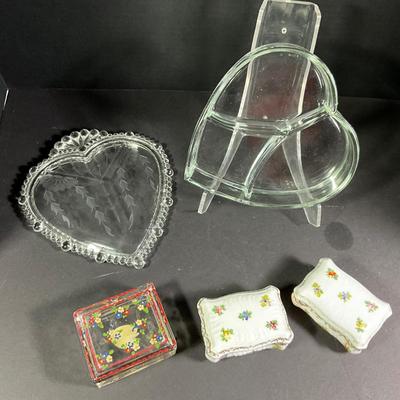 1114 Antique Pressed Glass Heart Dish and Fairing Boxes with Match Striker