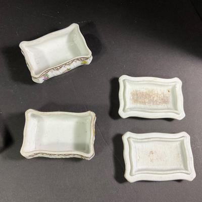 1114 Antique Pressed Glass Heart Dish and Fairing Boxes with Match Striker