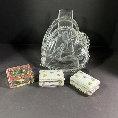 1114 Antique Pressed Glass Heart Dish and Fairing Boxes with Match Striker