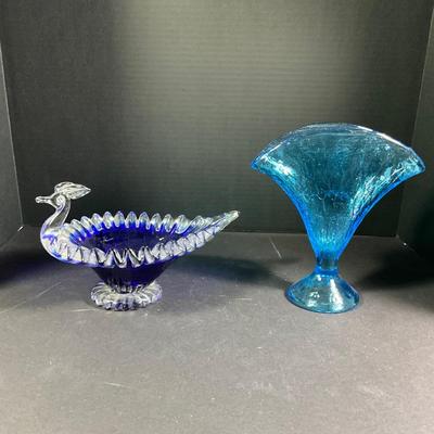 1115 Vintage Murano Glass Blue Peacock Bowl and Blue Glass Fan Vase