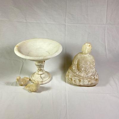 1123 Marble Bird Bath with Birds and Quartz Buddha Statue