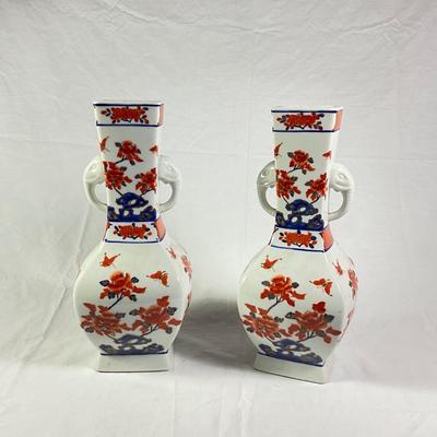 1136 Pair of Chinese Hand painted Vases with Elephant Handles