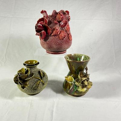 1141 Antique Red and Green Sand Majolica Vases