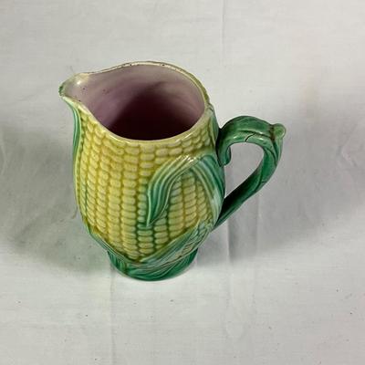 1147 Antique Majolica Corn Pitcher 5.25"