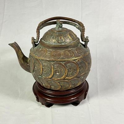 1148 Vintage Chinese Brass Coin Teapot with Stand