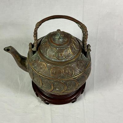 1148 Vintage Chinese Brass Coin Teapot with Stand