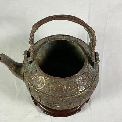1148 Vintage Chinese Brass Coin Teapot with Stand
