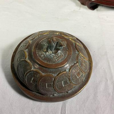 1148 Vintage Chinese Brass Coin Teapot with Stand