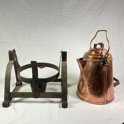 1150 Antique Copper Waterpot on Wrought Iron Stand