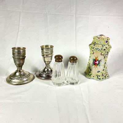 1172 Antique Moriage Tea Jar with Sterling Candlesticks and Shakers