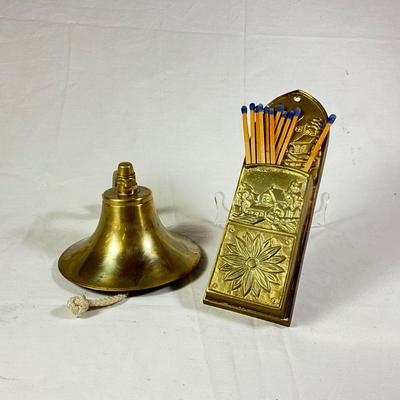 1174 Vintage Brass Nautical Bell with Brass Wall Match Holder