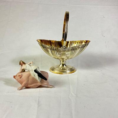 1176 Vintage Silverplate Basket with Porcelain Woman on Pig Figurine