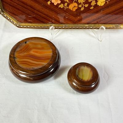 1178 Italian Rosewood Marquetry Tray with Two Covered Brazilian Boxes