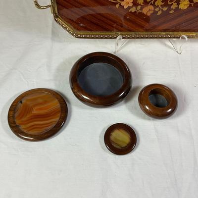 1178 Italian Rosewood Marquetry Tray with Two Covered Brazilian Boxes