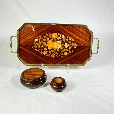 1178 Italian Rosewood Marquetry Tray with Two Covered Brazilian Boxes