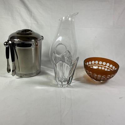 1185 Copco Ice Bucket with Orrefors Vase, Wine Carafe , and Colored Glass Bowl