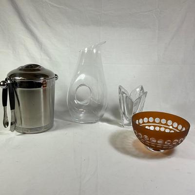 1185 Copco Ice Bucket with Orrefors Vase, Wine Carafe , and Colored Glass Bowl