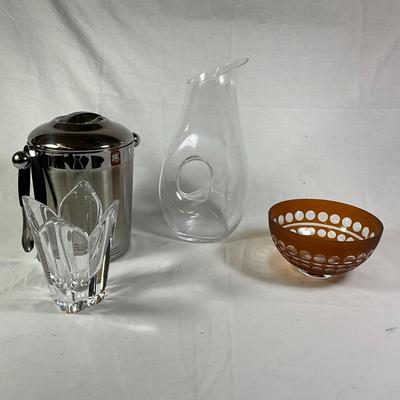 1185 Copco Ice Bucket with Orrefors Vase, Wine Carafe , and Colored Glass Bowl